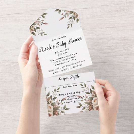 Elegant Olijfgroen & Witte Bloemen Baby shower All In One Uitnodiging (Afscheurbaar)