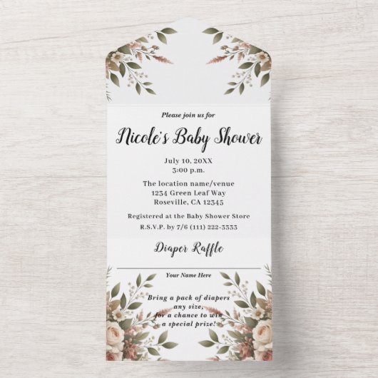 Elegant Olijfgroen & Witte Bloemen Baby shower All In One Uitnodiging (Binnen)