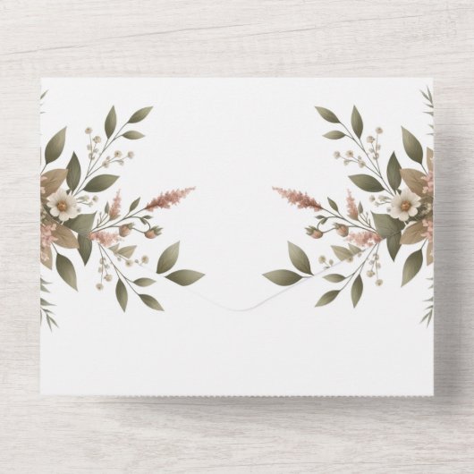 Elegant Olijfgroen & Witte Bloemen Baby shower All In One Uitnodiging (Achterkant)