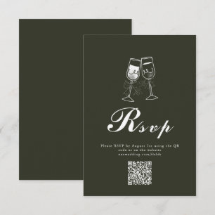Elegant Olijfhout Groen QR Code Huwelijk RSVP Kaartje