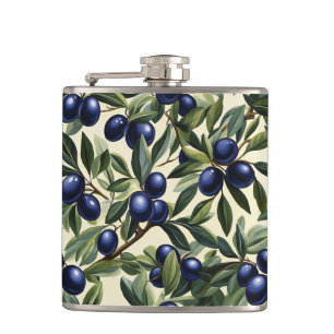 Elegant Olijftak Patroon met Deep Blue Olijven Heupfles