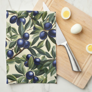 Elegant Olijftak Patroon met Deep Blue Olijven Theedoek