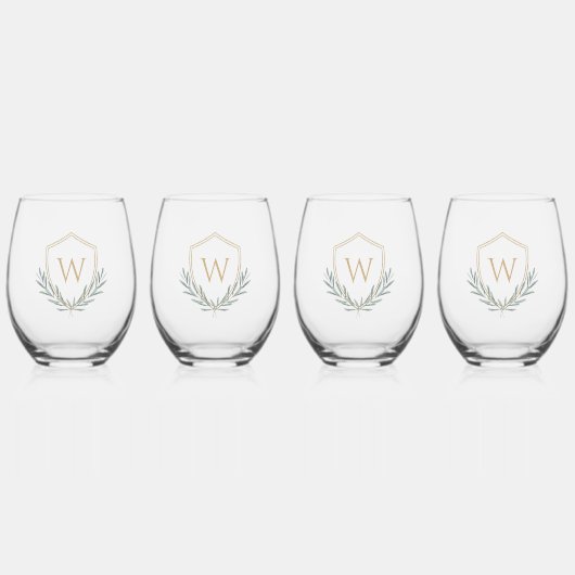 Elegant Olive Branch Shield met Monogram Wijnglas Zonder Voet (Voorkant)