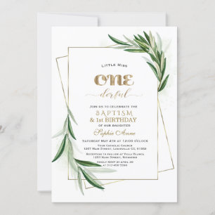 Elegant Olive Branches First Birthday & Baptism Kaart