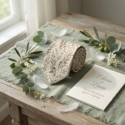 Elegant Olive Branches & Ivory Floral Stropdas