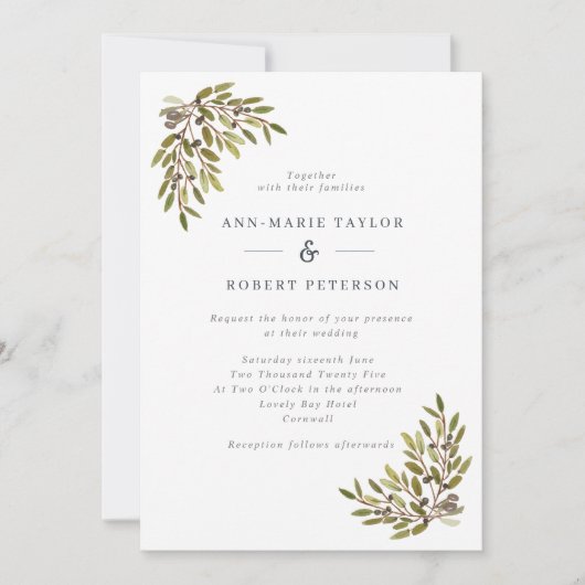 Elegant Olive Branches Wedding Kaart (Voorkant)