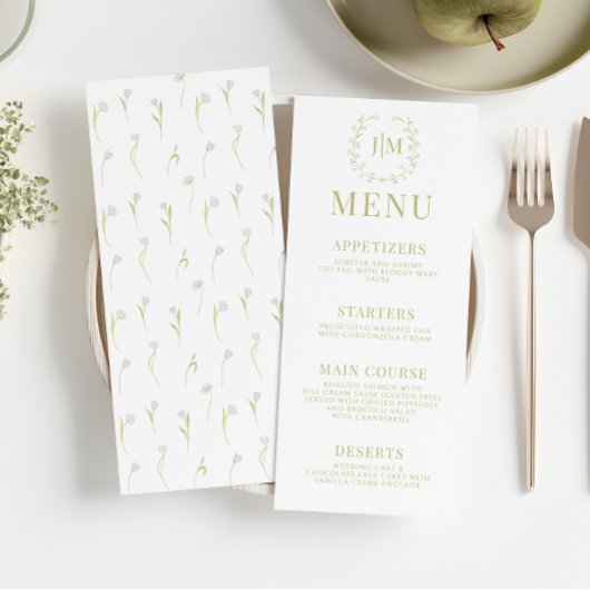 Elégant Olive Green Floral Garden Menu Mariage
