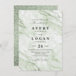 Elegant Olive Green Marble & Glitter Wedding Kaart