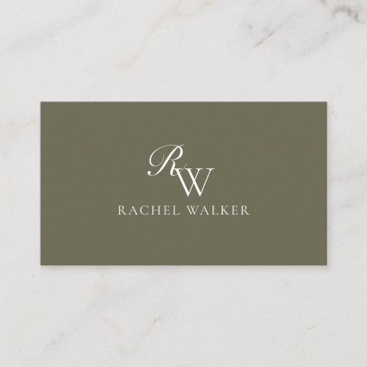 Elegant Olive Green Monogram Visitekaartje (Voorkant)