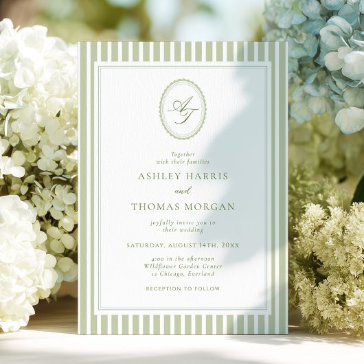 Elegant Olive Green Monogram Wedding Invitation Kaart