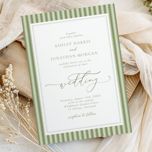Elegant Olive Green Stripes Wedding Invitation Kaart