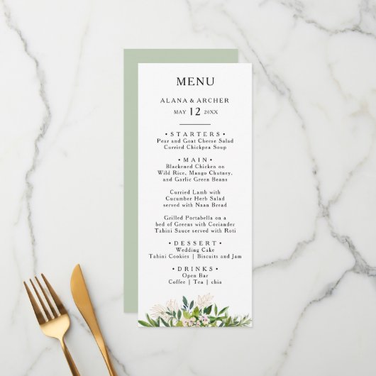 Elégant Olive Greenery Menu Mariage Dîner Menu (Devant/Arrière en situation)