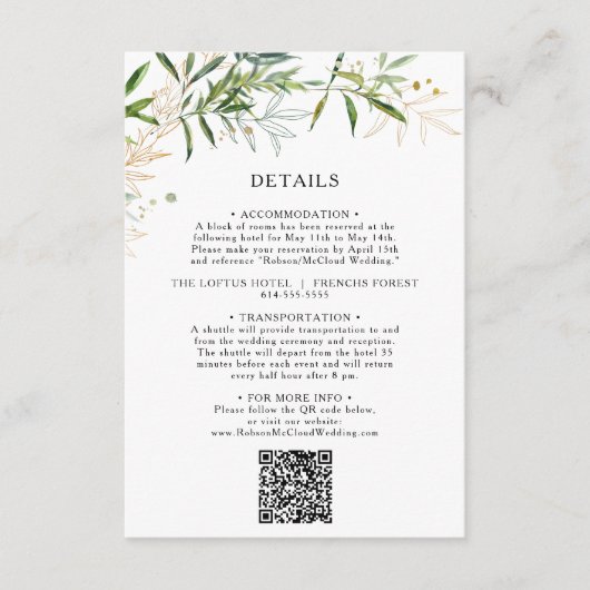 Elegant Olive Greenery QR Code Informatiekaartje (Voorkant)