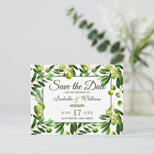 Elegant Olive Leaf Boho Garden Save the Date Aankondigingskaart (Staand voorkant)