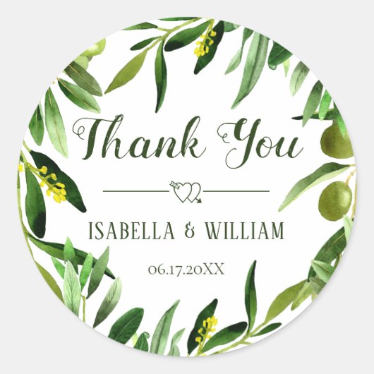 Elegant Olive Leaf Boho Tuin Bruiloft Dank u Ronde Sticker (Voorkant)
