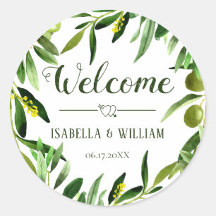Elegant Olive Leaf Boho Tuin Bruiloft Welkom Ronde Sticker