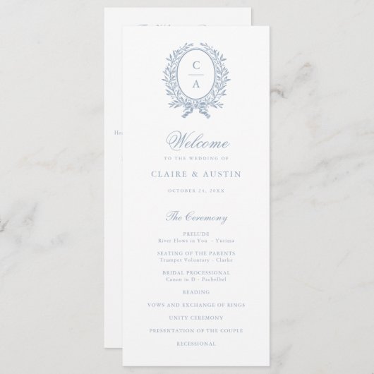 Elegant Olive Leaf Crest  Blauw Bruiloft Programma (Voorkant / Achterkant)