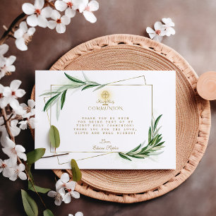 Elegant Olive Leaves Gold Boy First Heilige Commun Bedankkaart