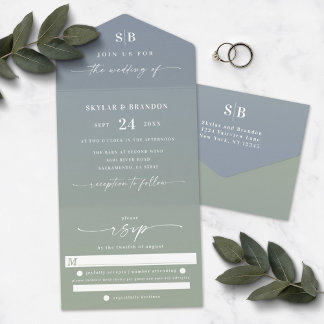 Elegant Ombre Monogram Dusty Blue & Green Wedding All In One Uitnodiging