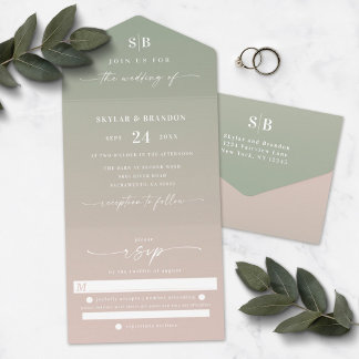 Elegant Ombre Monogram Green & Blush Pink Wedding All In One Uitnodiging