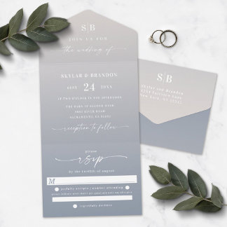 Elegant Ombre Monogram Ivory & Dusty Blue Wedding All In One Uitnodiging