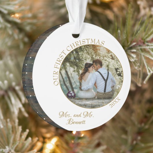Elegant ons eerste kerstfeest als Mrs. & Mr Foto Ornament (Boom)
