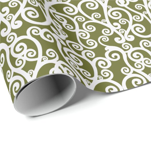 Elegant ontwerp, bloempatroon, olijfgroen, wit cadeaupapier (Rol Hoek)
