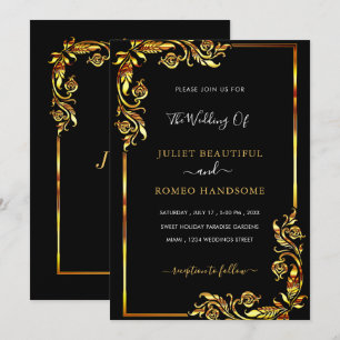 Elegant Ontwerp Zwart Goud Bruiloft Uitnodiging