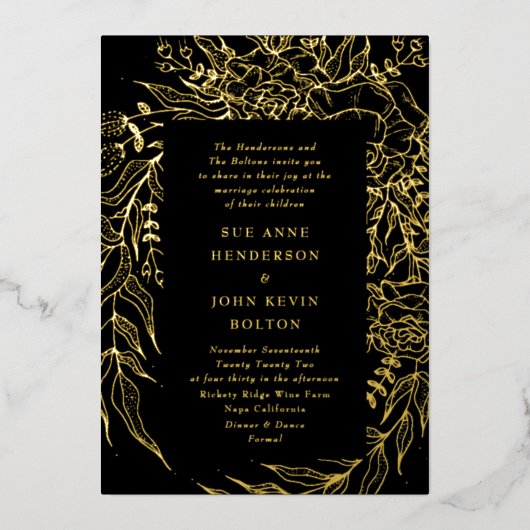 Elegant Onyx Black Tuxedo Gold Wreath Weddenschap Folie Uitnodiging (Voorkant)