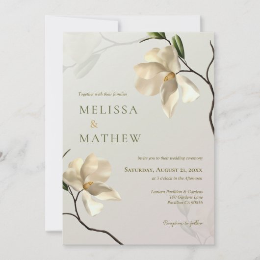 Elegant Oosters Wit Magnolia bruiloft uitnodiging (Voorkant)
