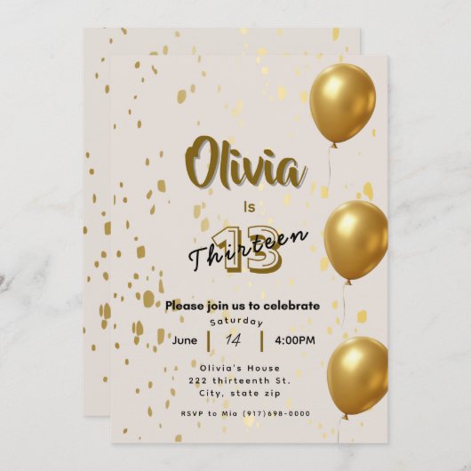 Elégant or Anniversaire Invitation - Enfants Ados (Devant / Derrière)