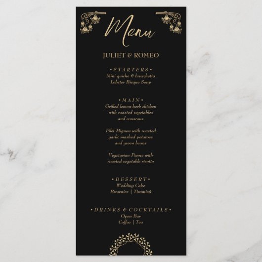 Elégant or Art Déco sur menu mariage noir (Devant)