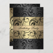 Elégant or & Black Swirl Invitation Anniversaire (Devant / Derrière)