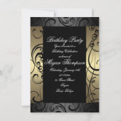 Elégant or & Black Swirl Invitation Anniversaire (Dos)