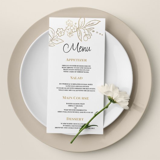 Elégant or blanc simple Mariage à fleurs Menu