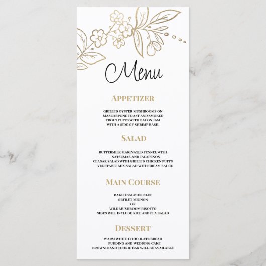 Elégant or blanc simple Mariage à fleurs Menu (Devant)