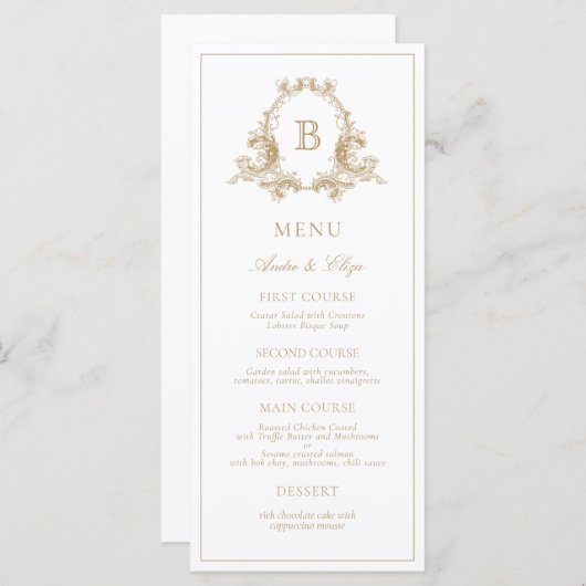 Elégant or Crest Monogram Mariage Menu (Devant / Derrière)
