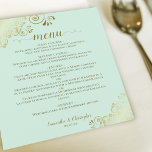 Elégant or dentelle Mint Green Budget Mariage Menu<br><div class="desc">Ces beaux menus mariages sont simples, élégants et élégants tout en étant abordables et abordables. Elles présentent un design élégant et séduisant avec de la dentelle en faux feuille doré et de la calligraphie de script sur un arrière - plan de couleur vert menthe pâle. Le dos est une belle...</div>