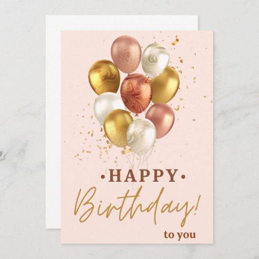 Elégant or et ballons roses Bonne carte d'annivers (Devant / Derrière)