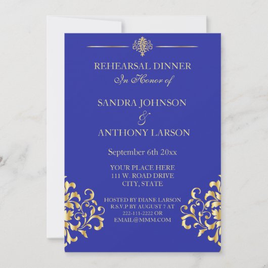 Élégant or et bleu Damask Rehearsal Invitation (Devant)