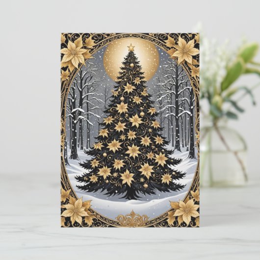 Elégant or et vert sapin de Noël Invitation (Debout devant)