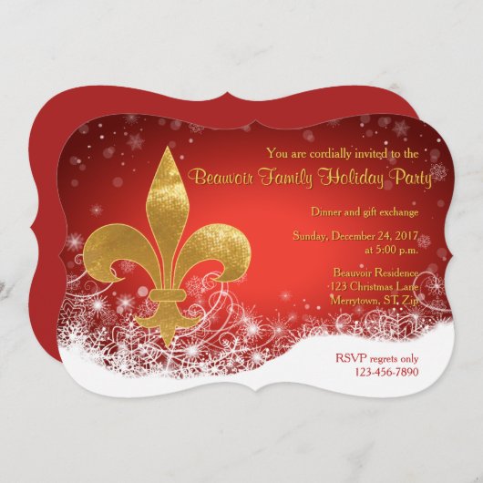 Elégant or fleur rouge vacances Invitation (Devant / Derrière)