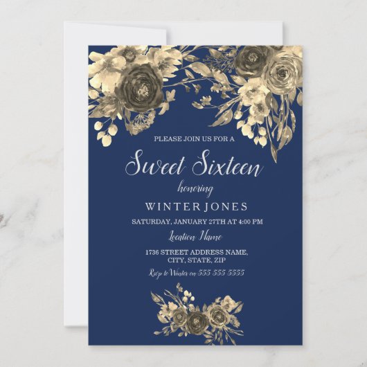 Elégant or Floral Navy bleu doux 16 Invitation (Devant)