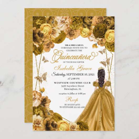 Elégant or Floral Quinceanera Invitation (Devant / Derrière)