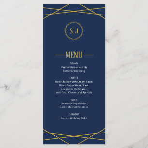 Elégant Or Géométrique   Menu Mariage bleu foncé