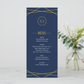 Elégant Or Géométrique | Menu Mariage bleu foncé (Debout devant)