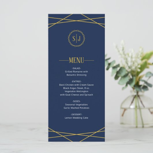 Elégant Or Géométrique | Menu Mariage bleu foncé (Debout devant)