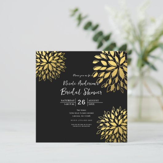 Elégant Or moderne Foil Floral Black Invitation (Debout devant)