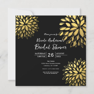 Elégant Or moderne Foil Floral Black Invitation