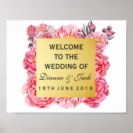 Elégant or & pivoines Floral Mariage Affiche de bi (Devant)